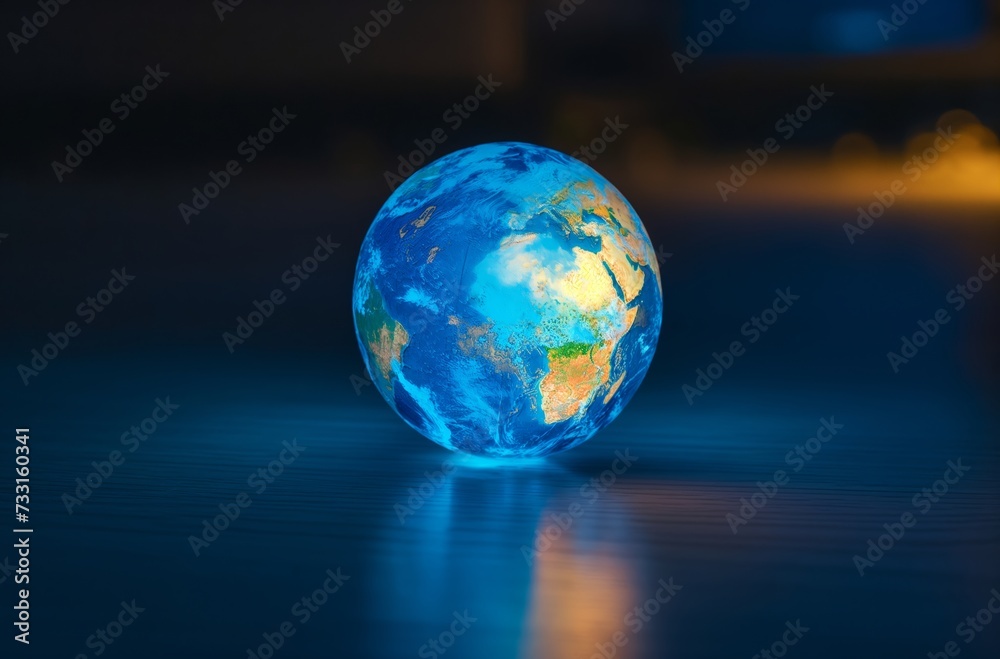 An illuminated night lamp designed to look like the planet Earth is placed on a table, emitting a soft glow in a dark room An illuminated night lamp designed to look like the planet Earth is placed on a table, emitting a soft glow in a dark room