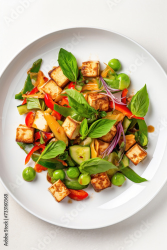 A vegan tofu salad with vegetables on white plate. Top view