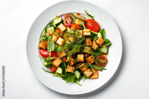 A vegan tofu salad with vegetables on white plate. Top view