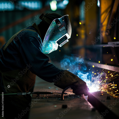 Welder in a workshop welds metal together
