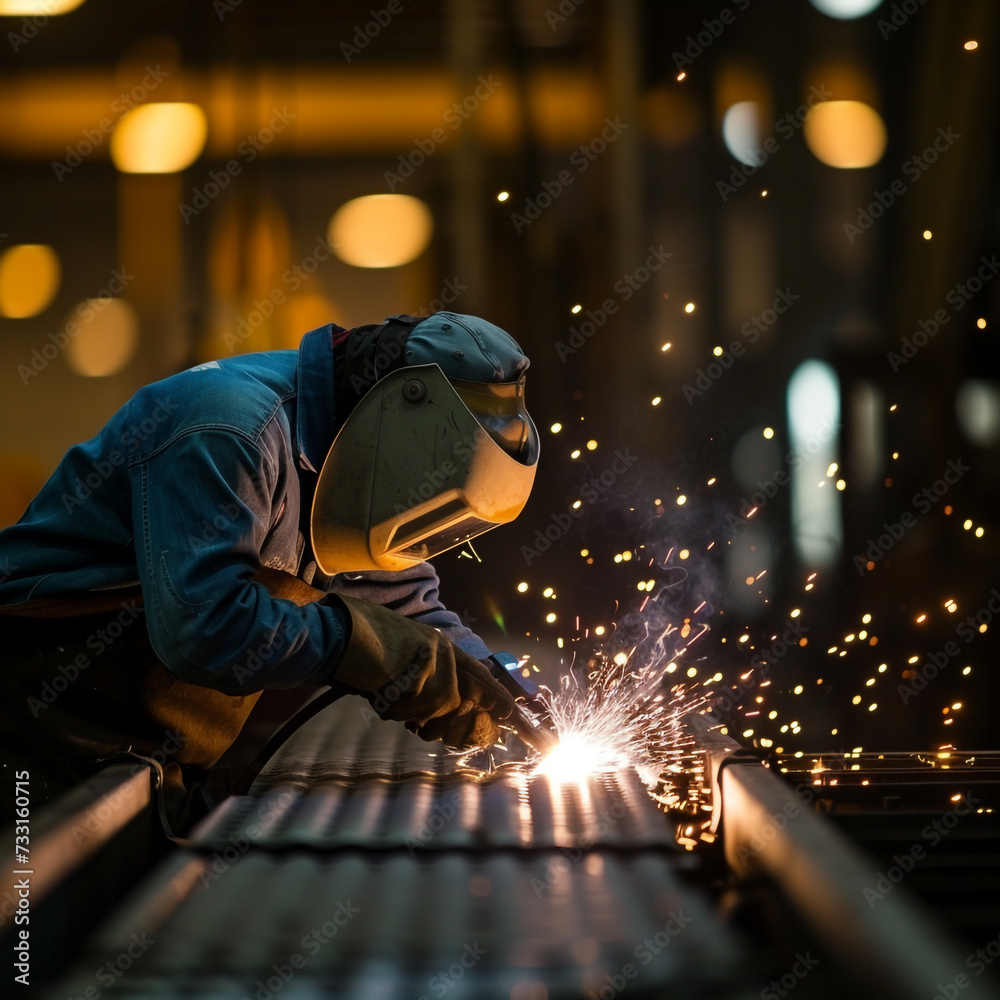 Welder in a workshop welds metal together Welder in a workshop welds metal together