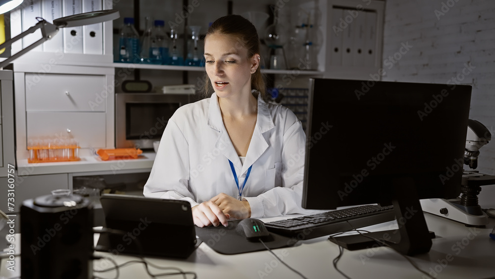 Young blonde woman researcher working in a laboratory with computer and microscope Young blonde woman researcher working in a laboratory with computer and microscope