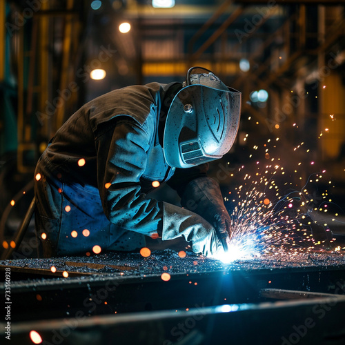 Welder in a workshop welds metal together