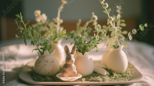 Spring Awakening, Easter Table Setting with Egg Vases and Bunny Figurine