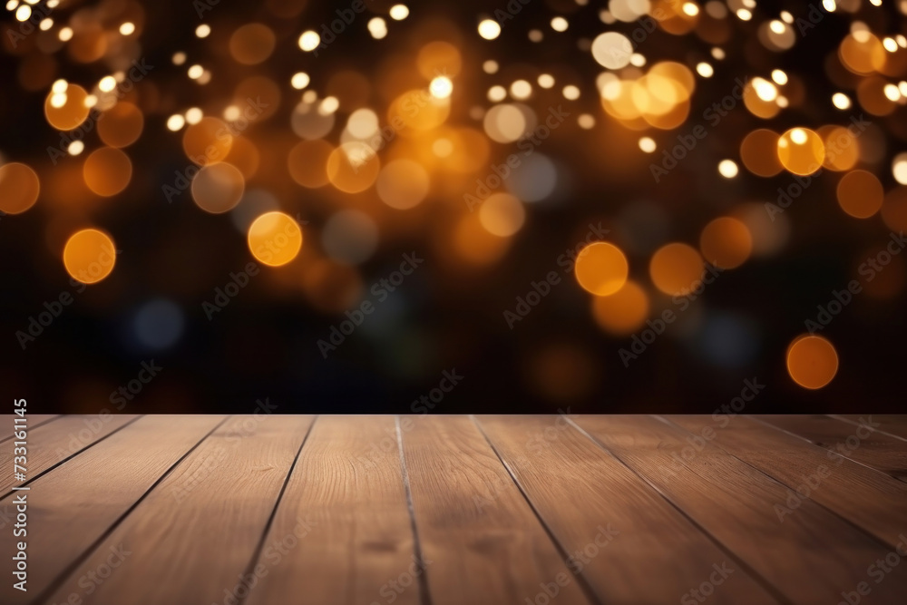 Empty brown wooden floor or wood board table with blurred abstract night light bokeh background.