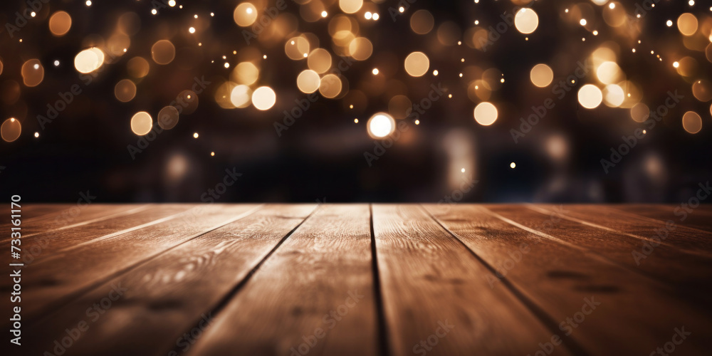 Empty brown wooden floor or wood board table with blurred abstract night light bokeh background. Empty brown wooden floor or wood board table with blurred abstract night light bokeh background.