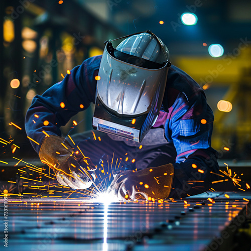 Welder in a workshop welds metal together