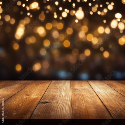 Empty brown wooden floor or wood board table with blurred abstract night light bokeh background.
