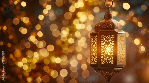 Golden bokeh lights dance around an intricately designed Arabic lantern, evoking the spirit of Ramadan Kareem.