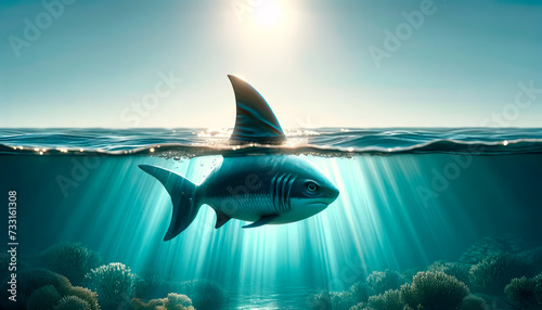 Imaginary fish with shark fin amidst underwater rays, small business concept. Generative AI photo