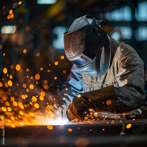 Welder in a workshop welds metal together