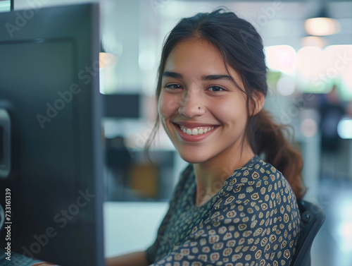 Portrait of Enthusiastic Hispanic Young Woman Working on Computer in a Modern Bright Office. Confident Human Resources Agent Smiling Happily While Collaborating Online with Colleagues.