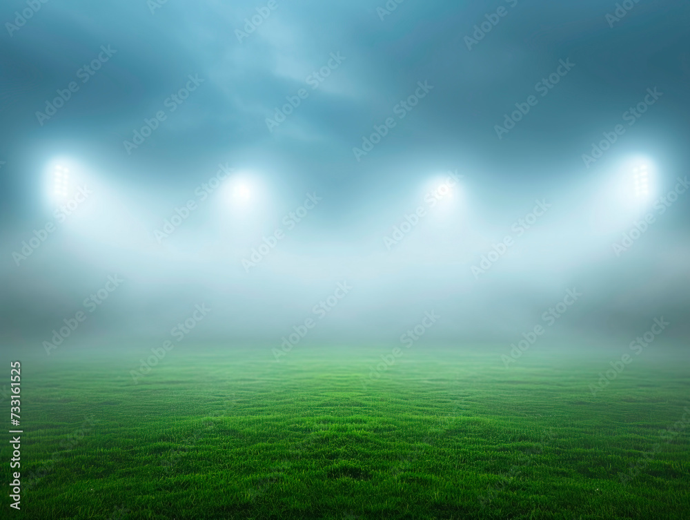 Foggy football stadium with soft focus on the lush green field under diffused stadium lights. Generative AI