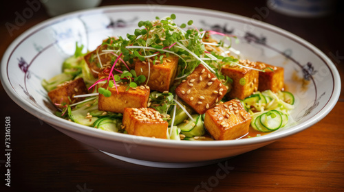 Fried tofu salad with sprouts and sesame seeds in white bowl. .Vegan food.