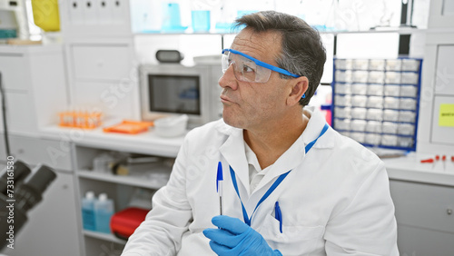 A middle-aged man in a laboratory wearing safety goggles holding a pen, reflecting professionalism in a healthcare setting.