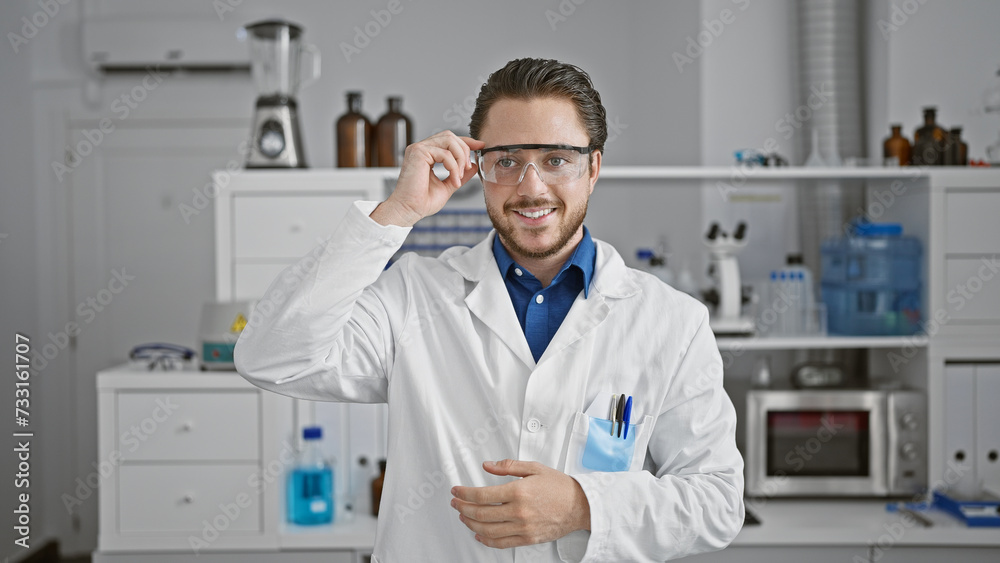 Young hispanic man scientist wearing glasses smiling at laboratory Young hispanic man scientist wearing glasses smiling at laboratory