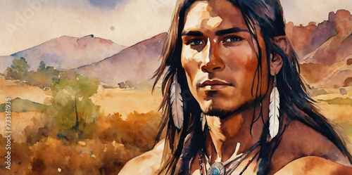 Native american young man watercolor - AI generated photo