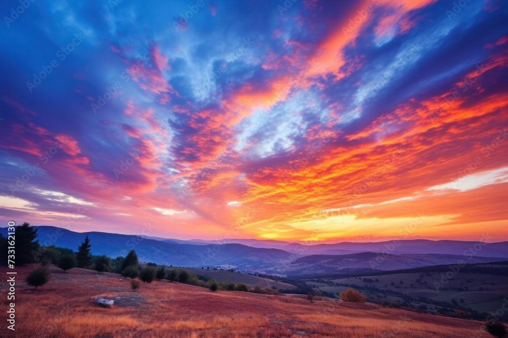 Majestic sunrise or sunset landscape with stunning nature's light and rolling colorful clouds.