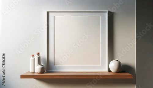 Elegant shelf display with frame and ceramic vases on a beige wall. Interior design concept. Generative AI