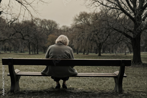 Anciana sentada sola en un banco en un parque con arboles sin hojas. photo