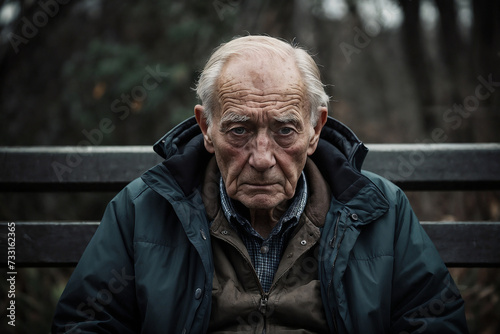 Hombre mayor sentado solo en un banco de madera photo