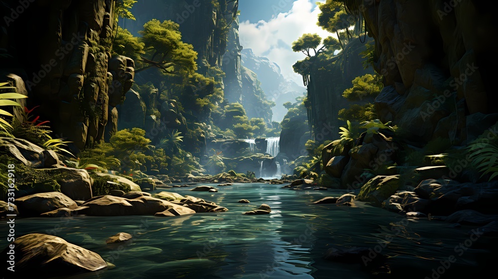 A majestic waterfall surrounded by lush green foliage, creating a scene of natural beauty and tranquility