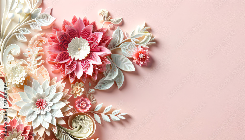 Elegant floral arrangement with 3D paper flowers, pastel tones on a light pink background. Art and design concept. Generative AI
