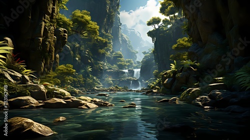 A majestic waterfall surrounded by lush green foliage  creating a scene of natural beauty and tranquility