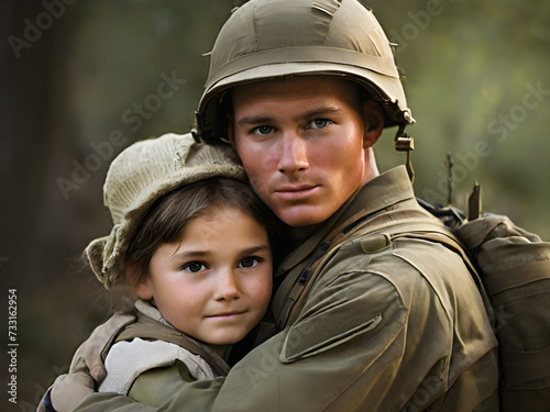 Generative KI Soldat hält Kind Tochter geborgen in seinen Armen