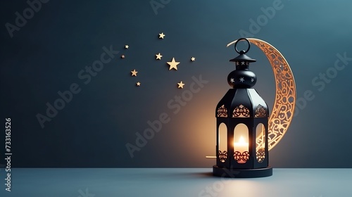 Golden crescent moon light with lantern and stars. Themed of Ramadan Kareem concept background. photo