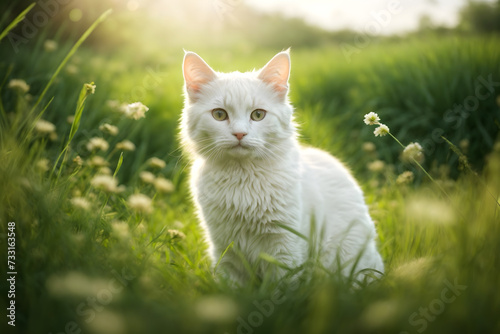 A cute white cat in grass