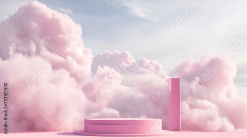 podium pink pink podium stage abstract background Pastel Cloud Scene Display Platform Stands in Studio Space Showing White Geometric Smoke
