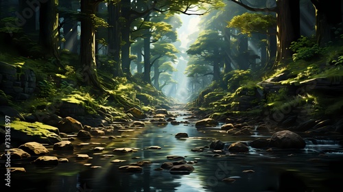 A mesmerizing emerald green forest with rays of sunlight filtering through the trees