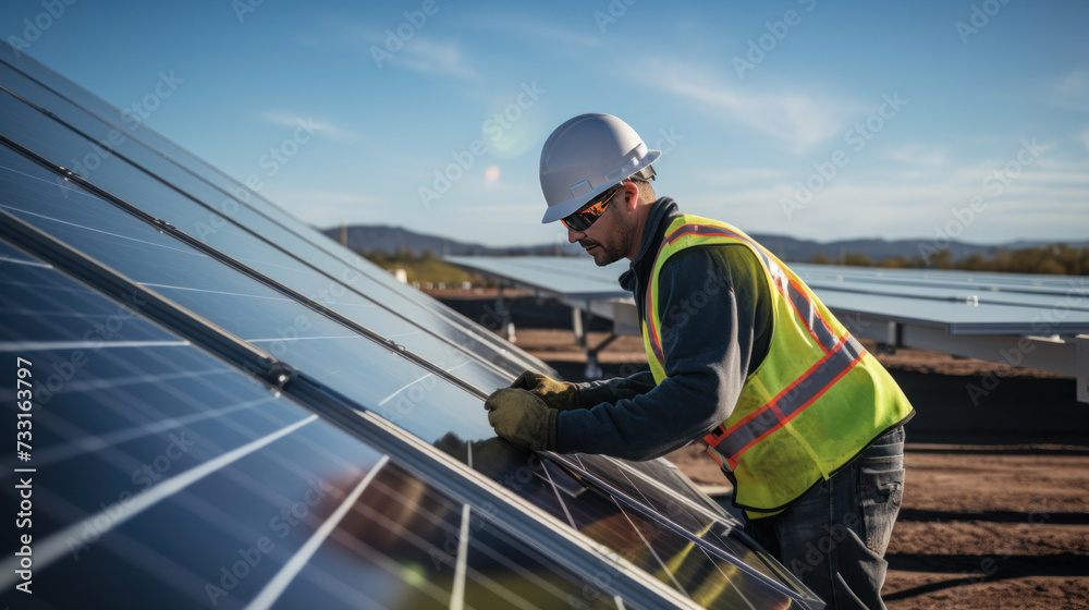A male solar technician skilled worker in renewable energy solar farm jobs.