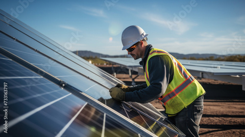 A male solar technician skilled worker in renewable energy solar farm jobs.