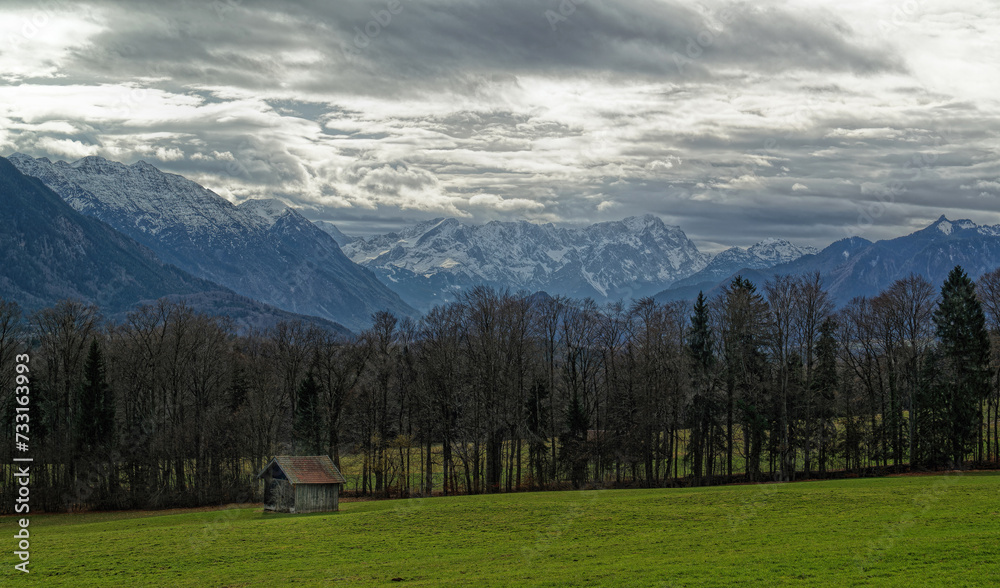 View to the Estergebirge, Wetterstein and Ammergauer mountains, Bavarian Alps, Bavaria, Gernany, Europe