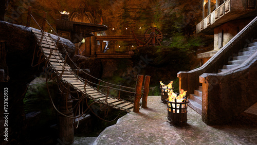 Rope bridge across a chasm in a large underground fantasy cave. Mountain home of the dwarfs. 3D illustration.