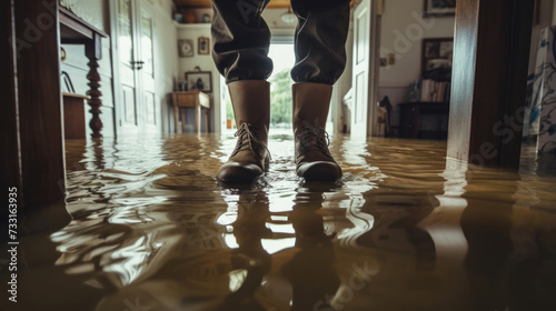 close up of a man in rubber boots stands in a flooded house.