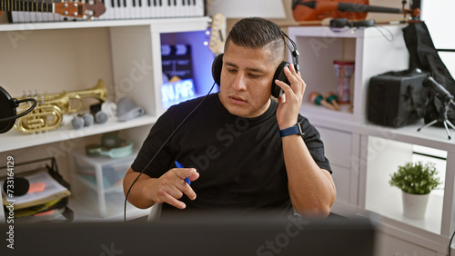 Passionate young latin musician man immersed in an energetic musical performance, skillfully using computer and headphones at his music studio, channeling his artistry indoors