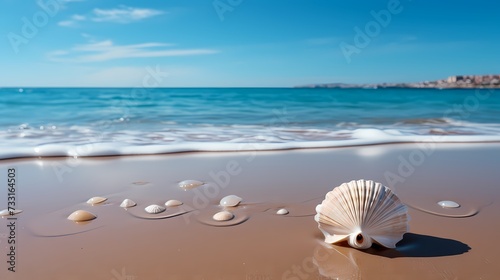 A minimalist composition of a single white seashell on a sandy beach
