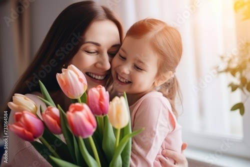Mothers Day celebration with daughter giving flowers.