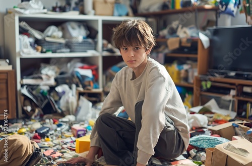 A 12-year-old boy sits on the floor in a cluttered room, surrounded by a disarray of objects and furniture