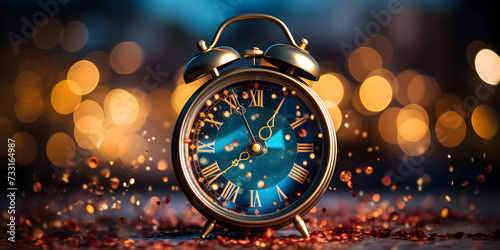 Abstract bokeh shimmering gold glitter lights with clock on blurry defocused background