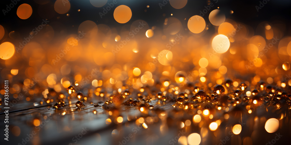 Abstract bokeh shimmering golden glitter decorations with blurry defocused background