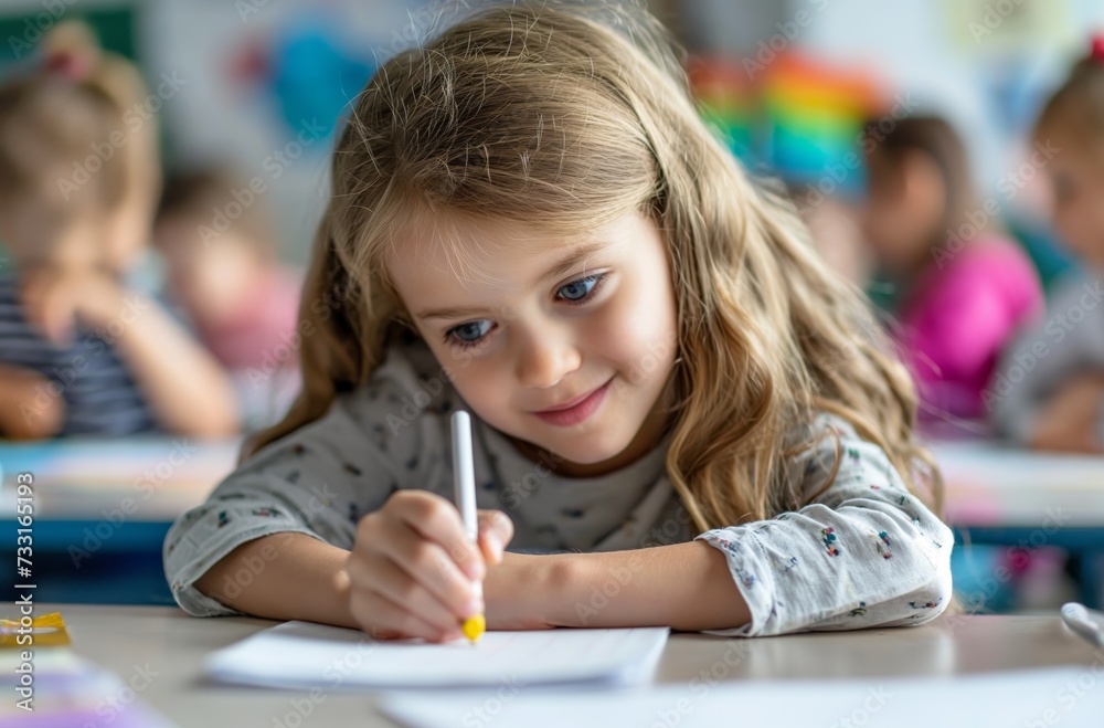 A young girl with blonde hair writing in a notebook during a test in a junior school classroom A young girl with blonde hair writing in a notebook during a test in a junior school classroom