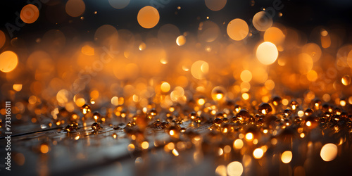 Abstract bokeh shimmering golden glitter decorations with blurry defocused background