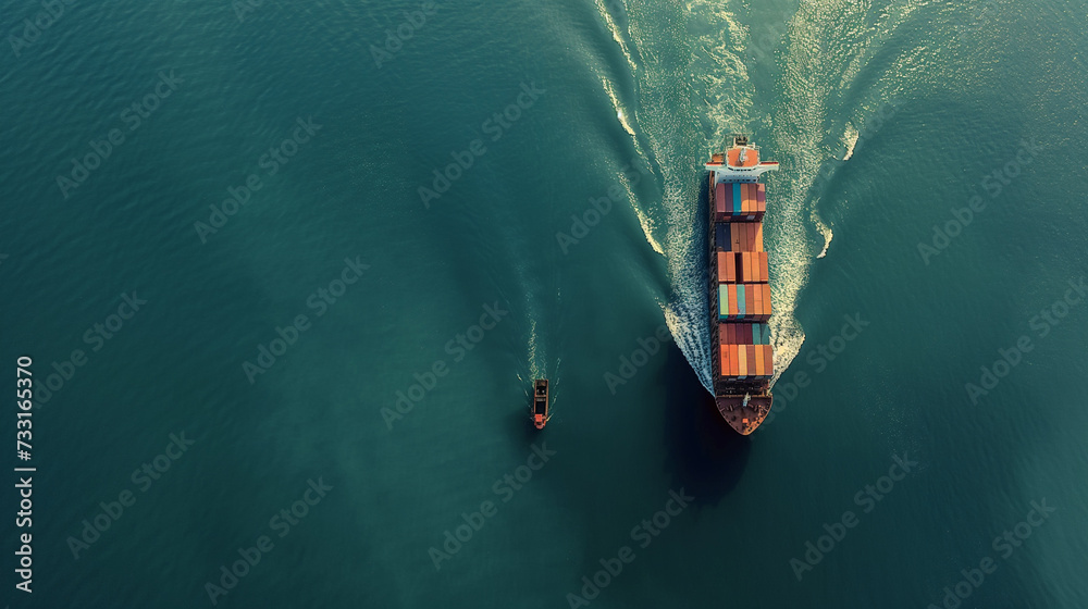 Cargo ship, container, aerial top view in import, export, trade, logistics and international transportation business. The boat sails amidst the surrounding waters