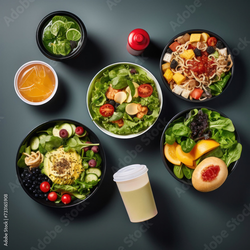 Healthy take away food and drinks, Fresh salad, soup, poke bowl, fruits, coffee and juice. top view.