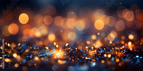 Abstract bokeh shimmering golden glitter decorations with blurry defocused background
