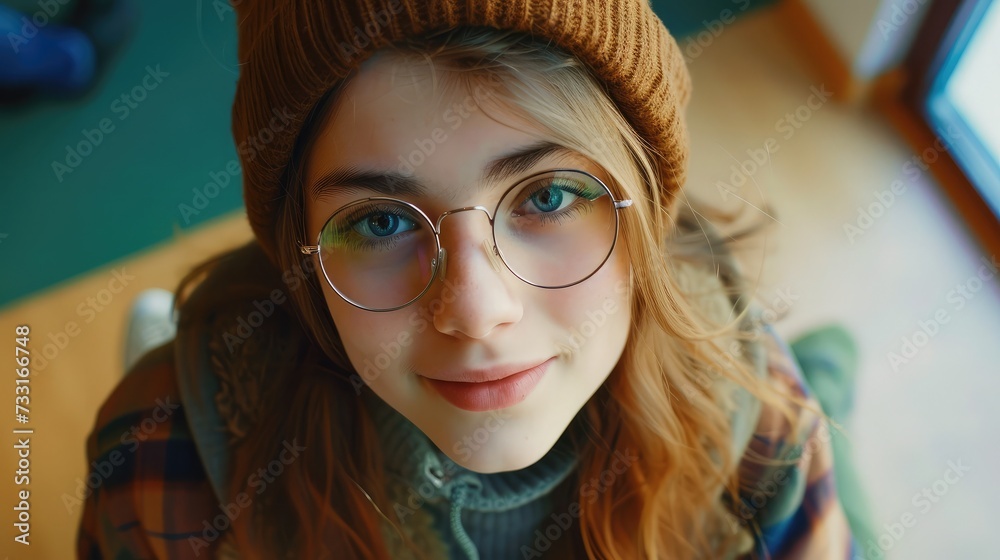 Cool hipster student woman wearing eyewear glasses . Caucasian female university student looking at camera smiling happy. Cool hipster student woman wearing eyewear glasses . Caucasian female university student looking at camera smiling happy.